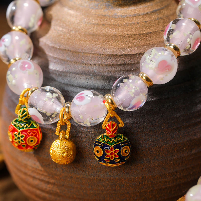 Wear FengShui Gold Swallowing Beast Family Charm Luminous Pink Love Heart Fluorescent Liuli Glass Bead Blessings Bracelet