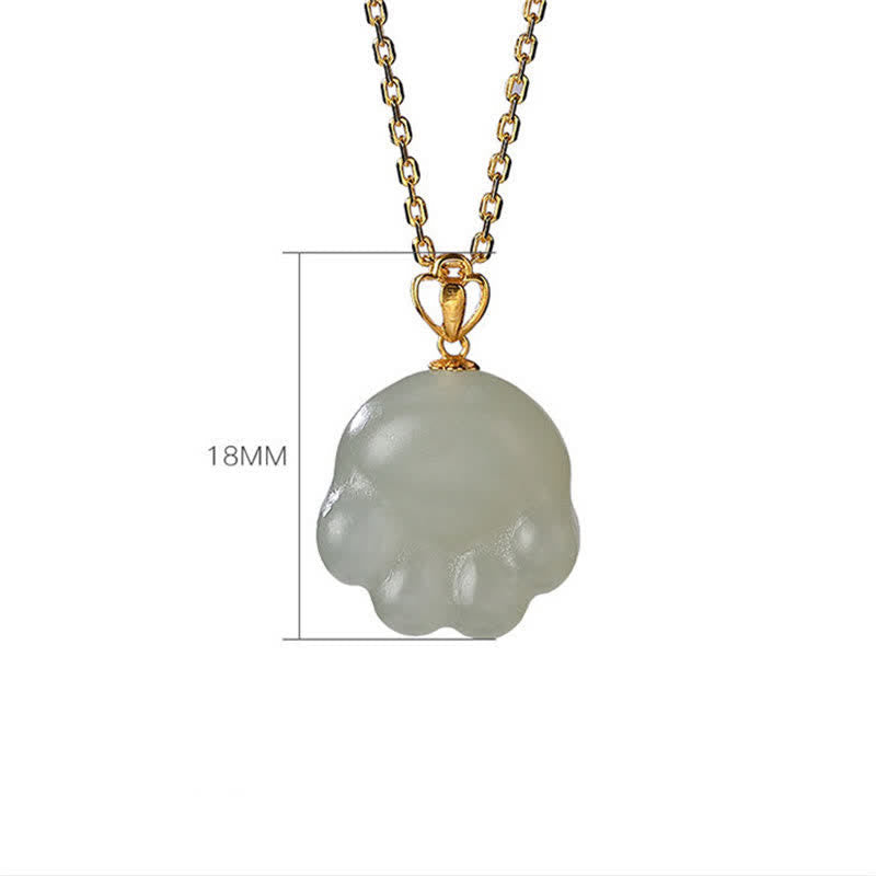 Wear FengShui 925 Sterling Silver Hetian White Jade Cute Cat Paw Luck Necklace Pendant