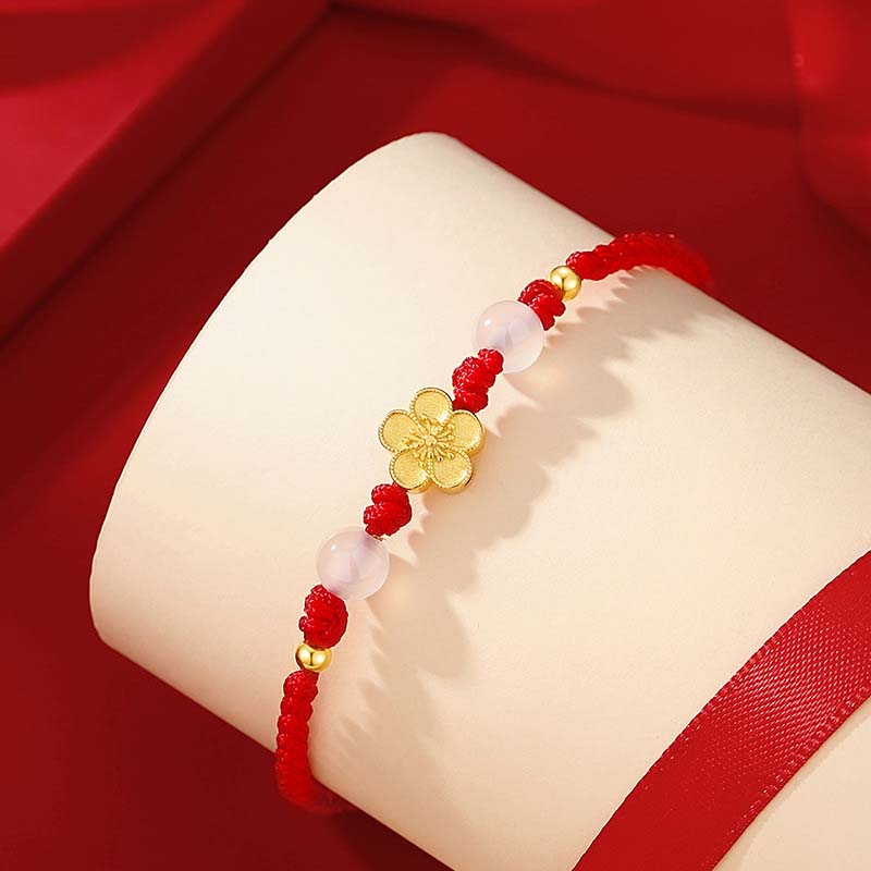 Wear FengShui Handmade 925 Sterling Silver Peach Blossom Cherry Sakura Chalcedony Bead Luck Red Rope Bracelet