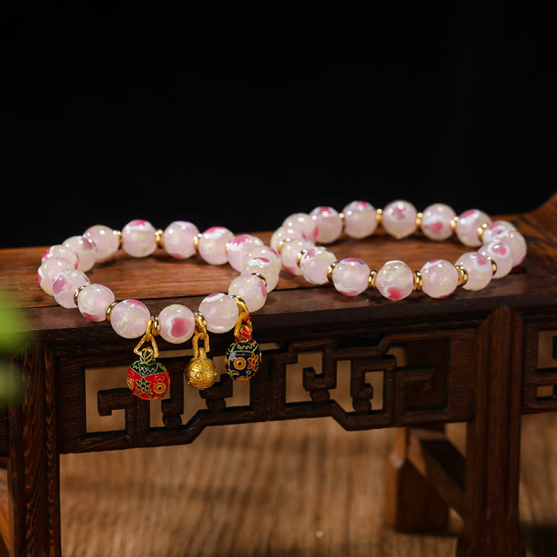 Wear FengShui Gold Swallowing Beast Family Charm Luminous Pink Love Heart Fluorescent Liuli Glass Bead Blessings Bracelet