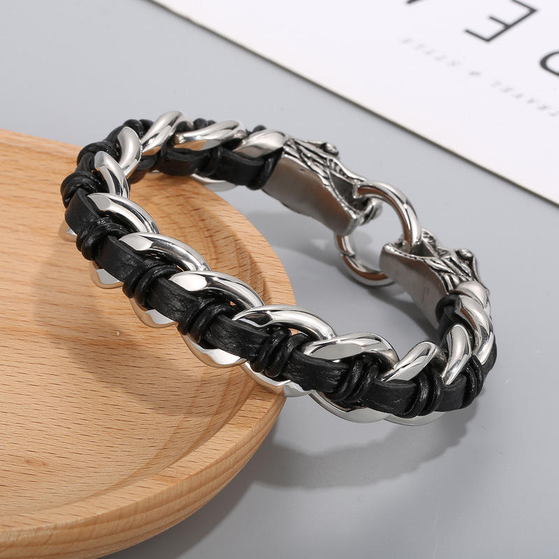 Wear FengShui Dragon Leather Titanium Steel Protection Luck Braided Bracelet