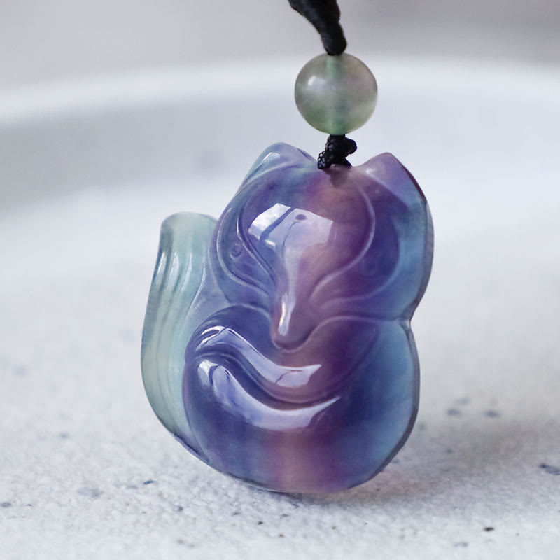 Wear FengShui Natural Fluorite Gold Sheen Obsidian Fox Pendant Protection Necklace