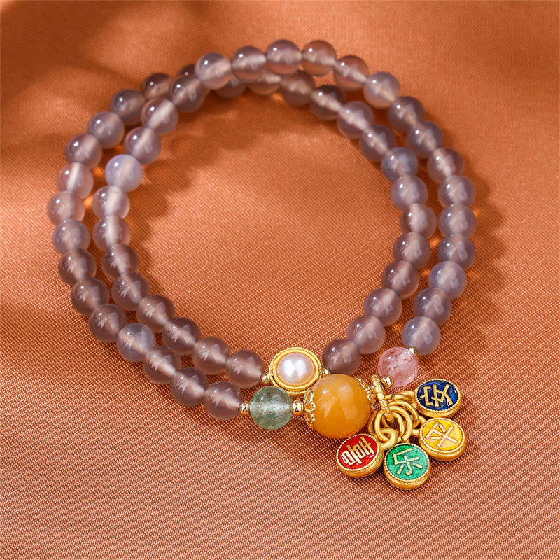 Wear FengShui Natural Gray Agate Peace And Joy Charm Balance Double Wrap Bracelet
