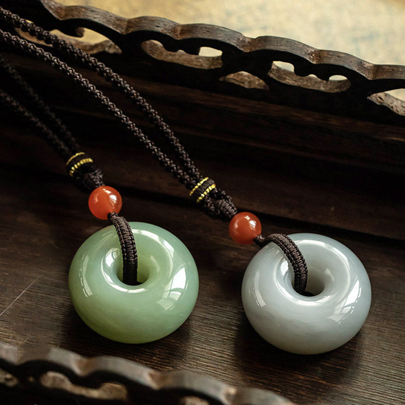 Wear FengShui Natural Round Jade Gray Jade Peace Buckle Luck Necklace Pendant