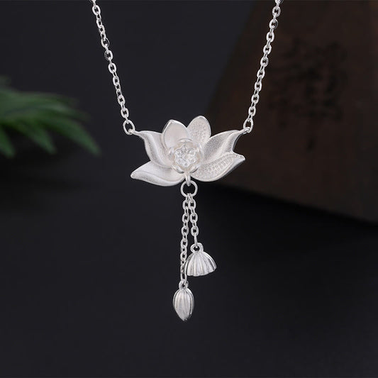 Wear FengShui 999 Sterling Silver Lotus Flower Pod Carved Enlightenment Necklace Pendant
