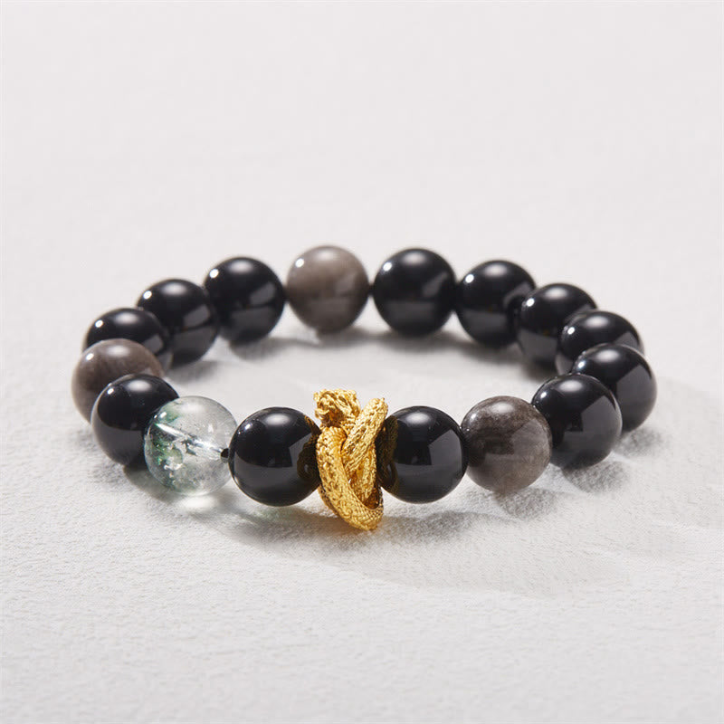 Wear FengShui Natural Silver Sheen Obsidian Dragon Green Phantom Protection Bracelet