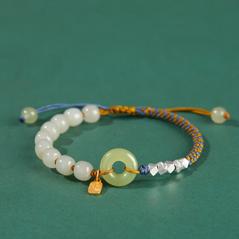 Wear FengShui 925 Sterling Silver Hetian Jade Peace Buckle Beaded Luck Happiness Charm Bracelet