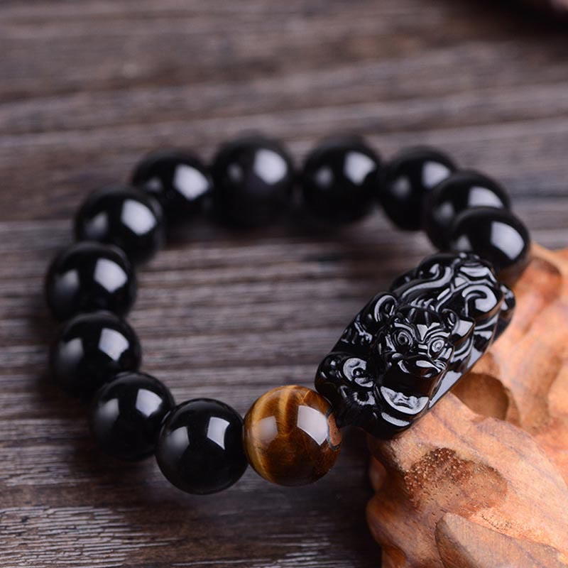 Wear FengShui Natural Black Obsidian PiXiu Tiger's Eye Strength Bracelet