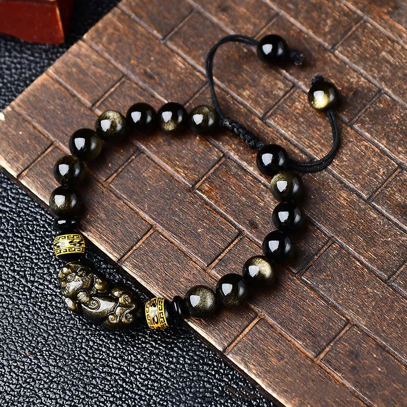 Wear FengShui Natural Gold Sheen Obsidian PiXiu Om Mani Padme Hum Wealth Braided Bracelet