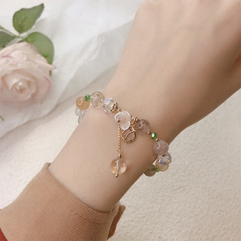 Wear FengShui Strawberry Quartz Rutilated Quartz Fluorite Flower Healing Bracelet