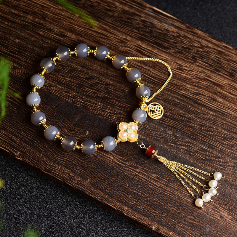 Wear FengShui Natural Gray Agate Fu Character Pearl Tassel Balance Bracelet