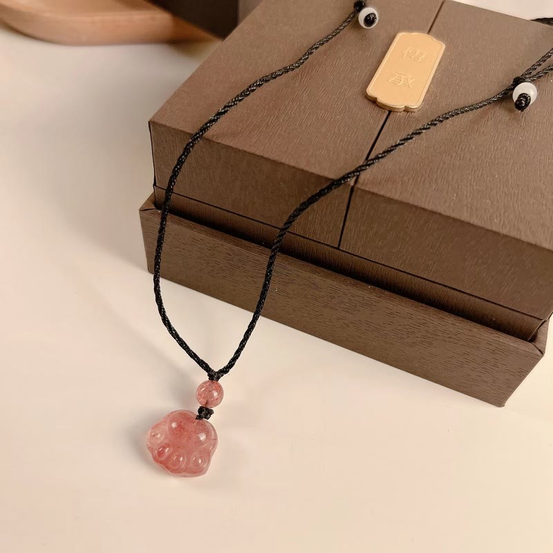 Wear FengShui Strawberry Quartz Lovely Cat Paw Claw Healing Necklace Pendant