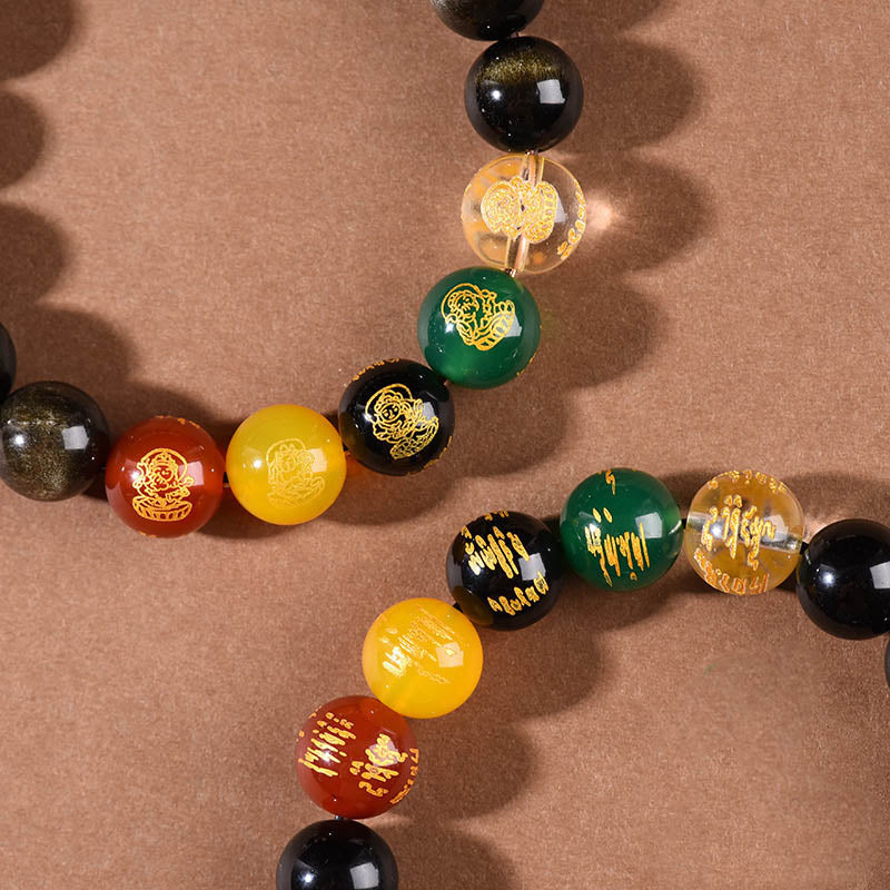 Wear FengShui Gold Sheen Obsidian Rainbow Obsidian Black Obsidian Five Directions Gods of Wealth Bracelet