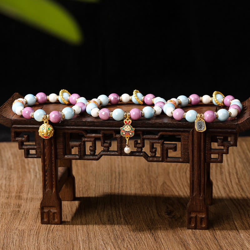 Wear FengShui Tibetan Zakiram Goddess of Wealth Rabbit Lion Head Charm Liuli Glass Incense Ash Porcelain Bead Protection Bracelet