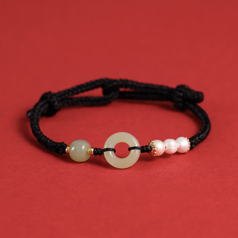 Wear FengShui Natural Hetian Jade Pearl Peace Buckle Luck Bracelet