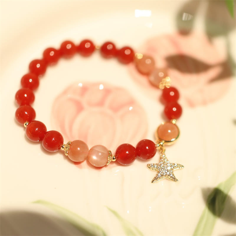 Wear FengShui Sun Stone Peach Moonstone Red Agate Crystal Star Wealth Bracelet