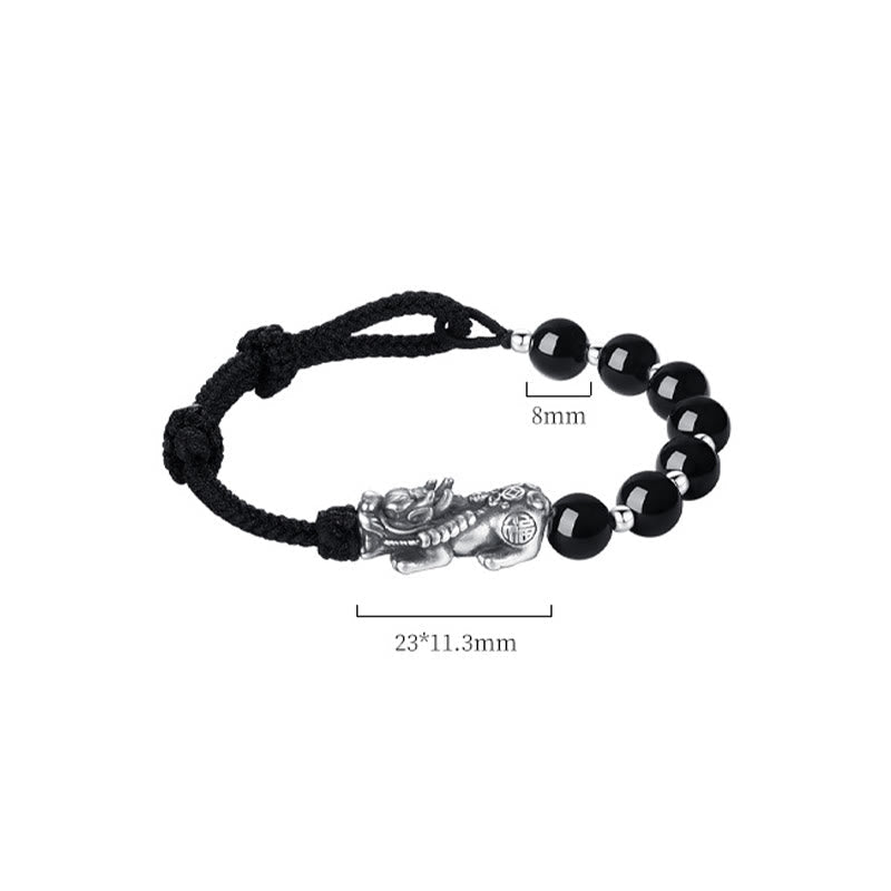 Wear FengShui 999 Sterling Silver FengShui PiXiu Natural Black Obsidian 925 Sterling Silver Bead Strength Bracelet