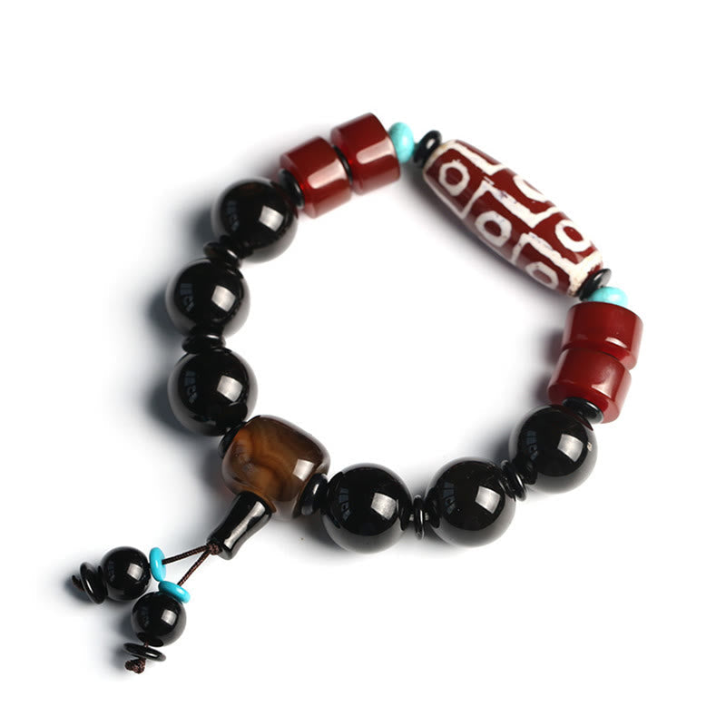Wear FengShui Tibetan Nine-Eye Dzi Bead Black Onyx Wealth Protection Bracelet