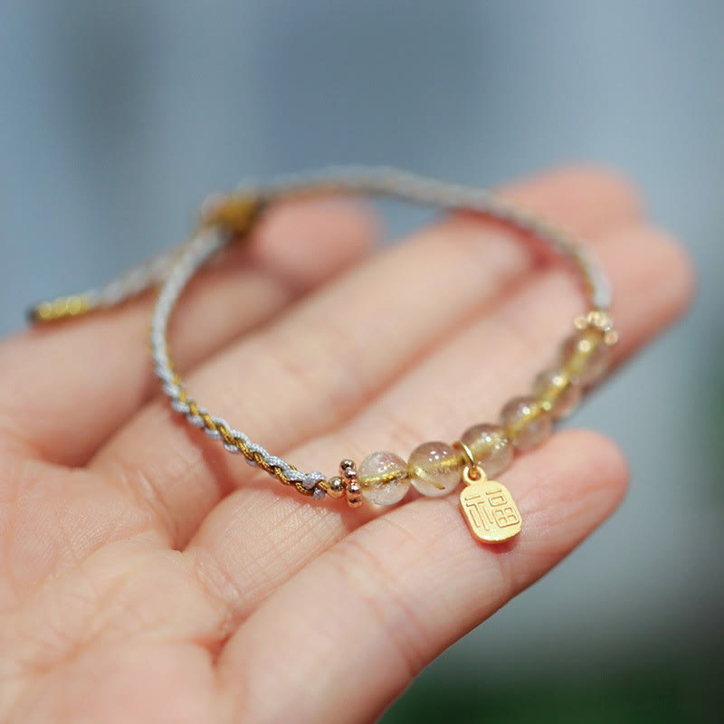 Wear FengShui 925 Sterling Silver Natural Jade Gourd Rutilated Quartz Fu Character Luck Braid Bracelet