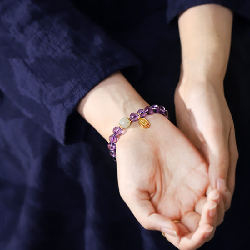 Wear FengShui Natural Amethyst Crystal Hetian Jade Healing Charm Bracelet