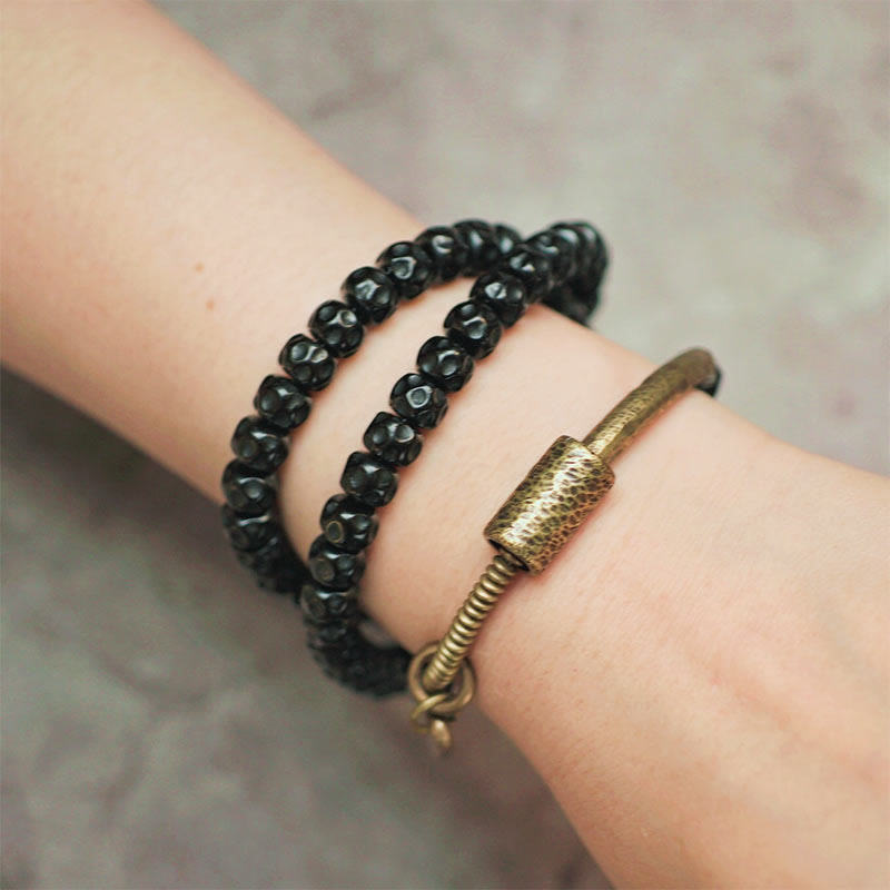 Wear FengShui Retro Coconut Shell Brass Copper Happiness Triple Wrap Bracelet