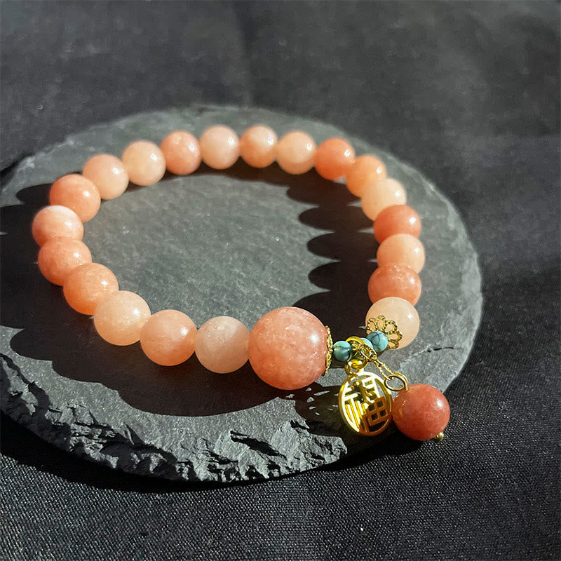 Wear FengShui Natural Orange Stone Turquoise Fu Character Charm Luck Fortune Bracelet
