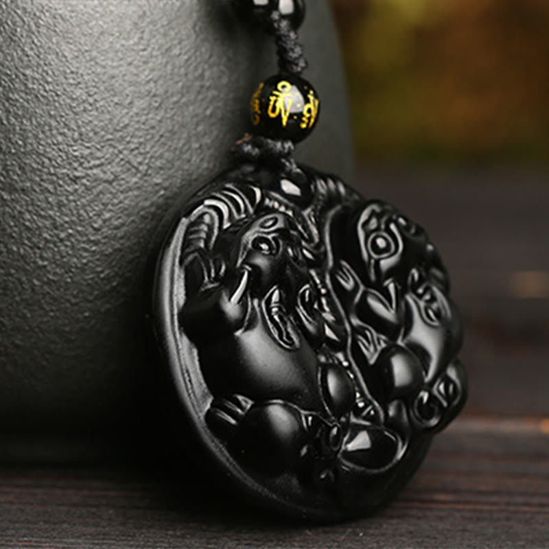 Wear FengShui Black Obsidian Double Pixiu Bead Rope Purification Necklace Pendant