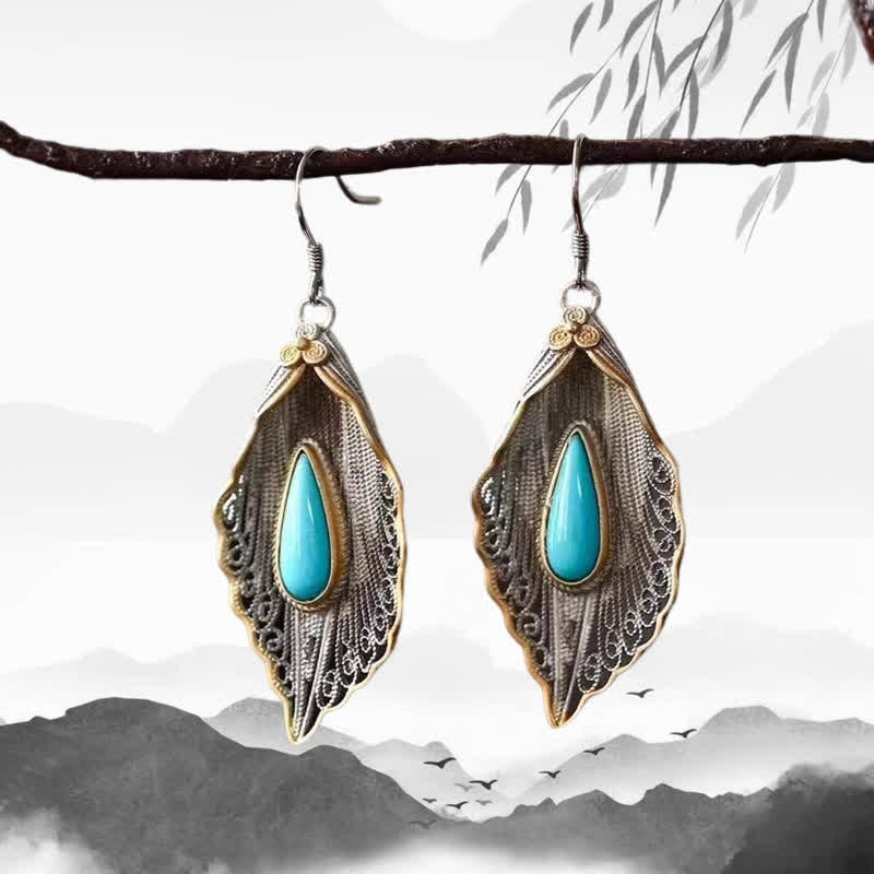 Wear FengShui 925 Sterling Silver Turquoise Bodhi Leaf Pattern Protection Drop Dangle Earrings