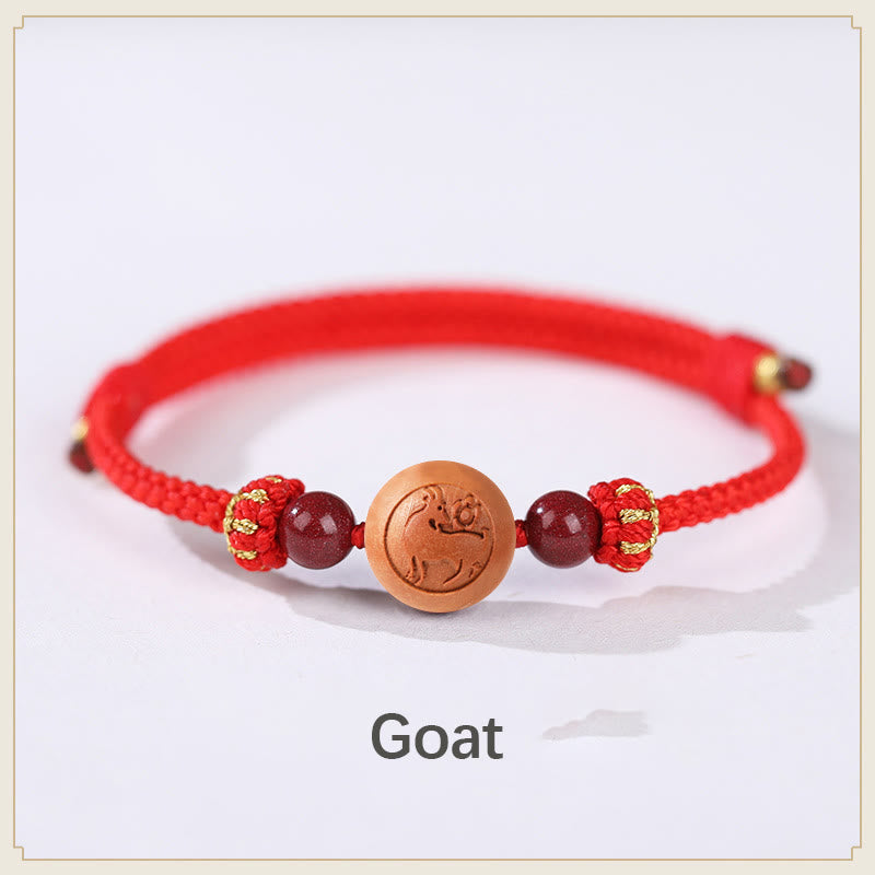 Wear FengShui Natural Peach Wood Chinese Zodiac Fu Character Carved Cinnabar Wealth Bracelet
