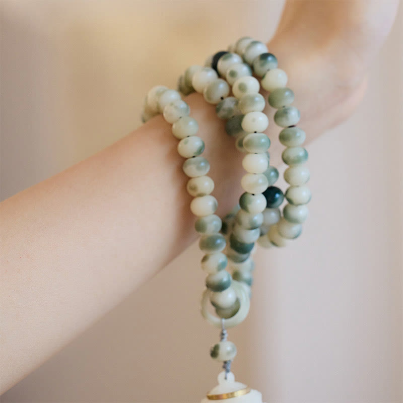 Wear FengShui Natural 108 Mala Beads Bodhi Seed Lotus Engraved Wisdom Tassel Bracelet