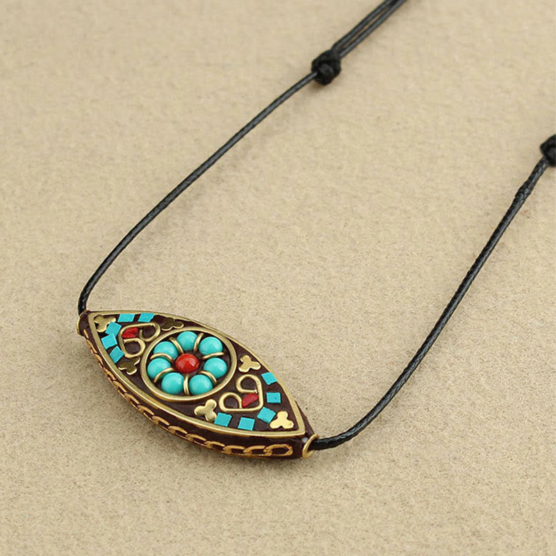Wear FengShui Tibet Turquoise Bead Marquise Pattern Protection Strength Necklace Pendant