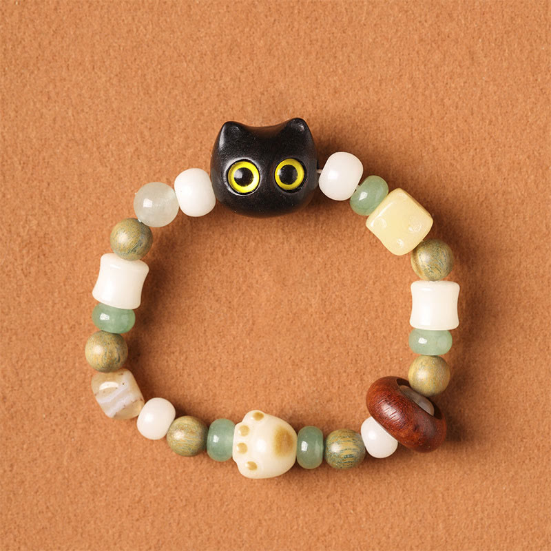 Wear FengShui Bodhi Seed Green Sandalwood Ebony Wood Small Leaf Red Sandalwood Cat Head Paw Claw Peace Bracelet