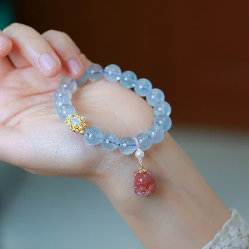 Wear FengShui Natural Aquamarine Red Agate Pearl Beads Healing Charm Bracelet