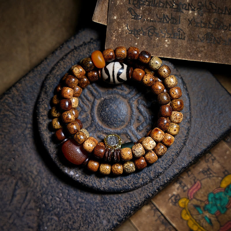 Wear FengShui Tibetan Bodhi Seed Amber Dzi Bead Agate Zakiram Goddess of Wealth Beads Triple Wrap Bracelet