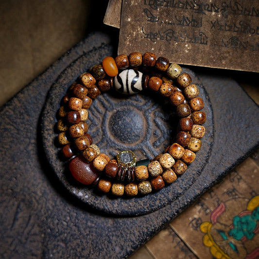 Wear FengShui Tibetan Bodhi Seed Amber Dzi Bead Agate Zakiram Goddess of Wealth Beads Triple Wrap Bracelet
