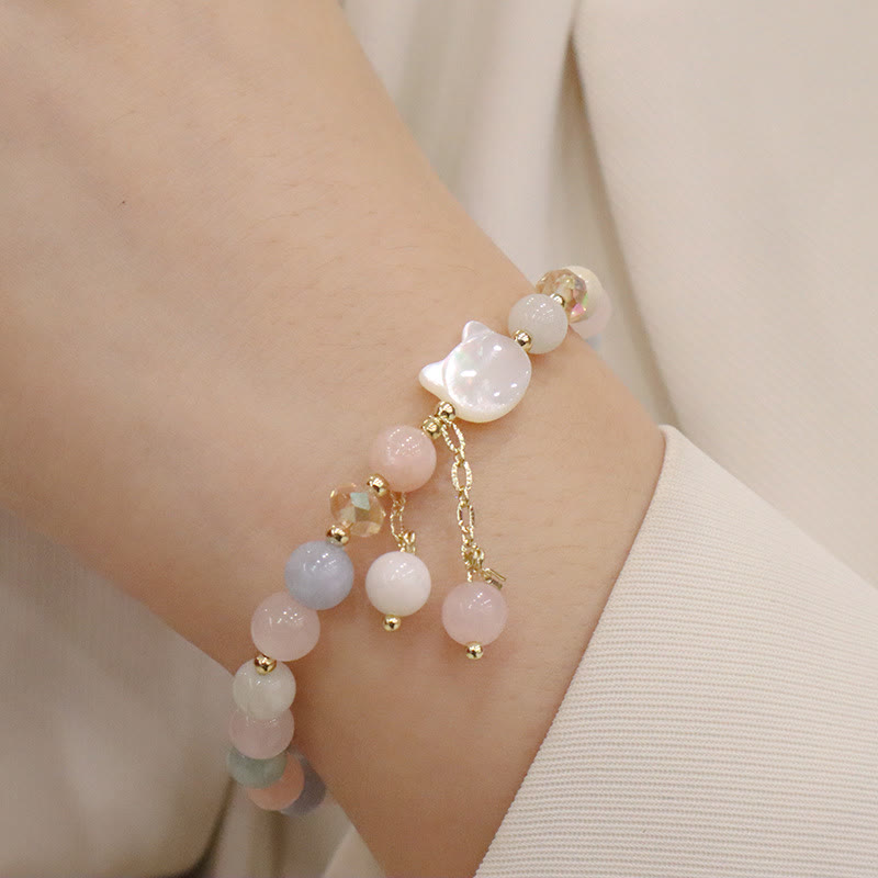 Wear FengShui Natural Strawberry Quartz Morganite Tridacna Stone Cat Love Bracelet