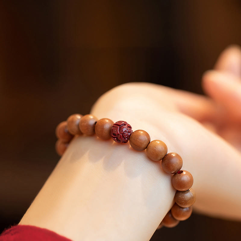 Wear FengShui Peach Wood Lotus Cinnabar Luck Wealth Bracelet