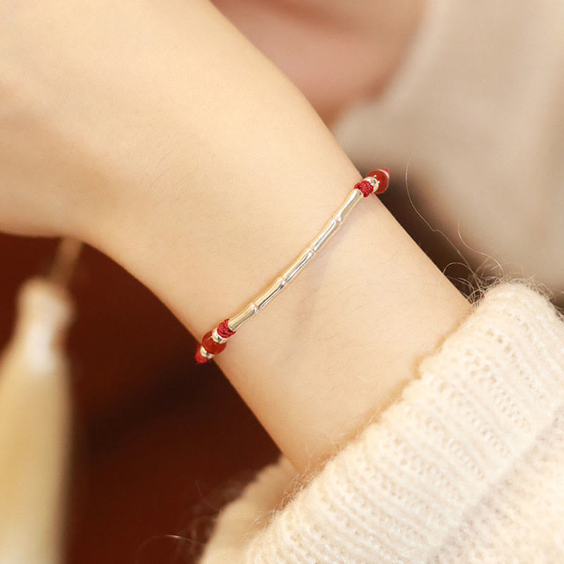 Wear FengShui 925 Sterling Silver Bamboo White Agate Red Agate Bead Protection String Braided Bracelet