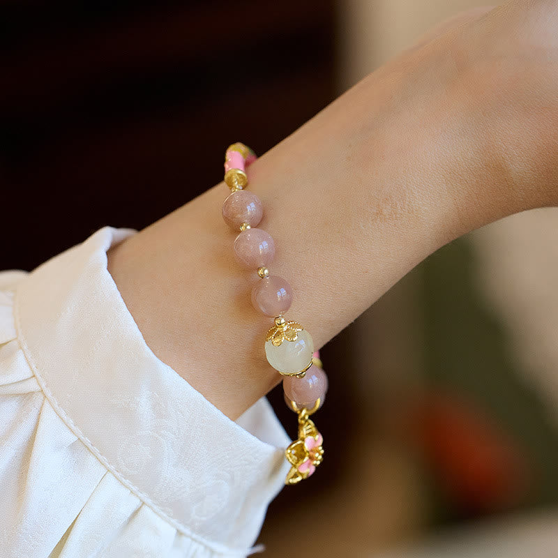 Wear FengShui Natural Sun Stone Golden Silk Jade Flower Charm Wealth Bracelet Bangle