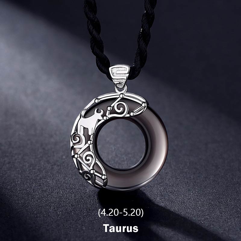 Wear FengShui 12 Constellations of the Zodiac Ice Obsidian Blessing Round Pendant Necklace
