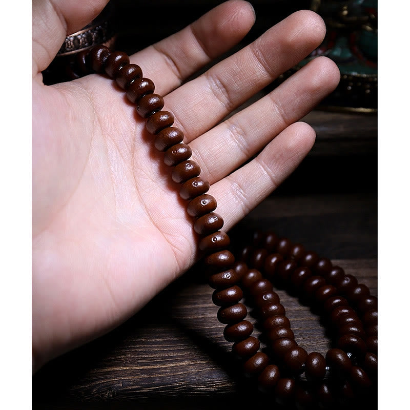 Wear FengShui Natural Tibet 108 Mala Beads Purple Bodhi Seed Three-eyed Dzi Bead Copper Dorje Harmony Bracelet