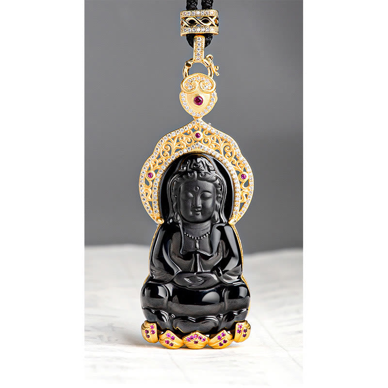 Wear FengShui Natural Black Jade Kwan Yin Avalokitesvara Wealth Titanium Steel Chain Necklace Pendant