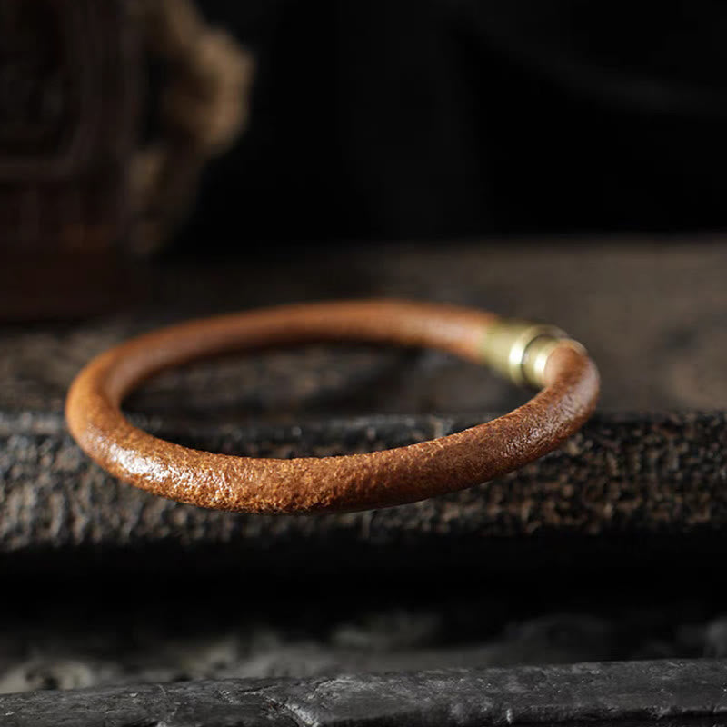 Wear FengShui Retro Leather Luck Healing Copper Magnetic Buckle Bracelet