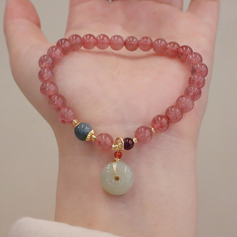 Wear FengShui Natural Strawberry Quartz Jade Peace Buckle Coin Purse Healing Bracelet