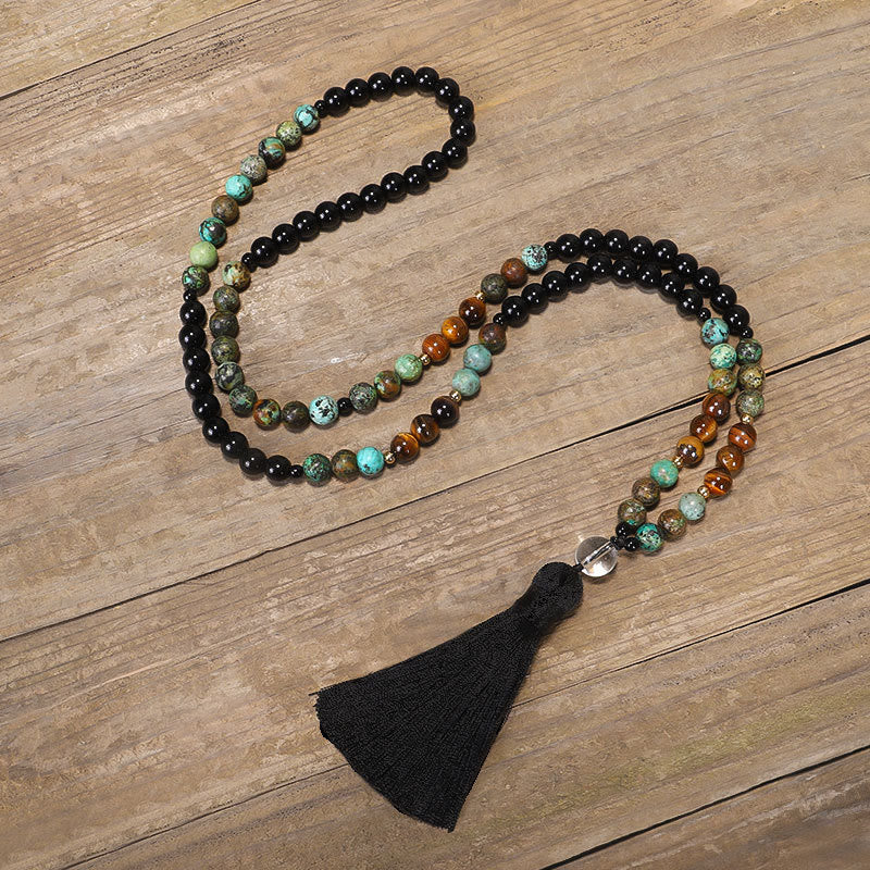 Wear FengShui 108 Mala Beads Natural Stone Tiger Eye Turquoise Protection Strength Bracelet Necklace