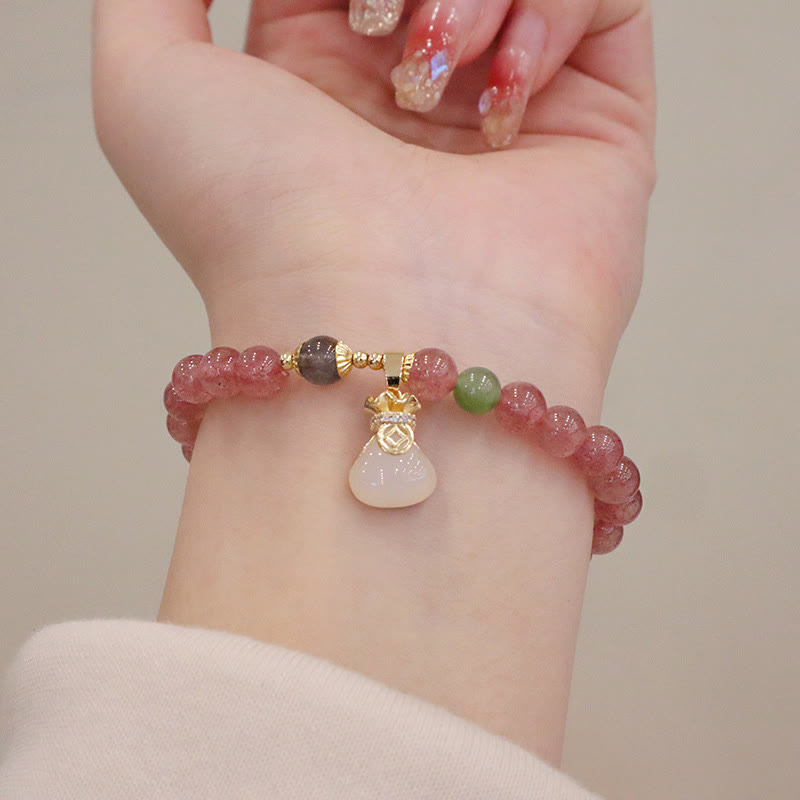 Wear FengShui Natural Strawberry Quartz Jade Peace Buckle Coin Purse Healing Bracelet