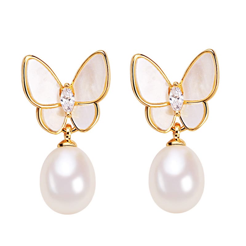 Wear FengShui 925 Sterling Silver Posts 18K Gold Plated Copper Pearl Butterfly Optimism Stud Earrings