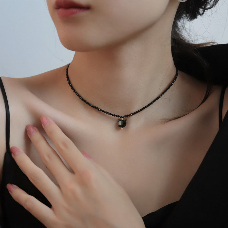 Wear FengShui Black Spinel Cute Cat Motivate Choker Necklace