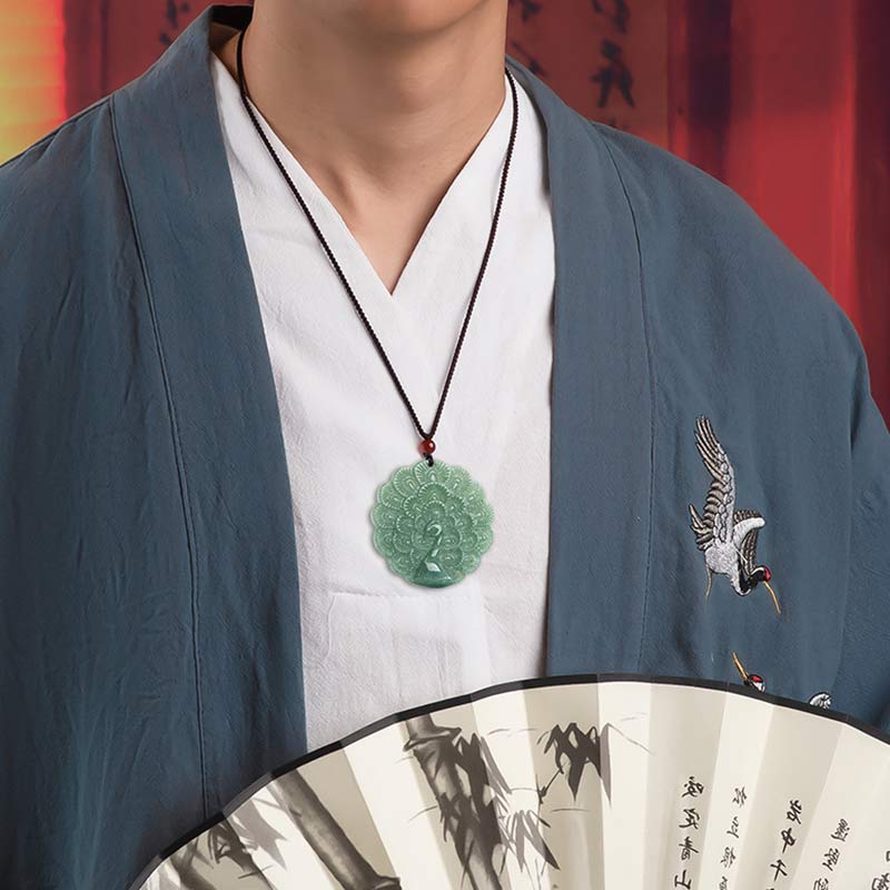 Wear FengShui Natural Jade Peacock Luck Prosperity Necklace Pendant