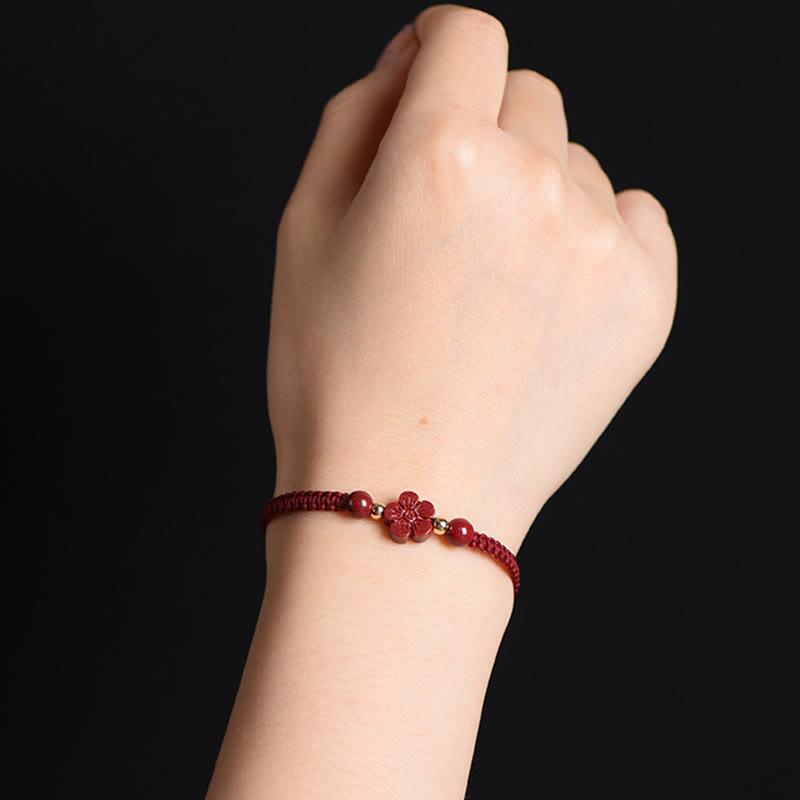 Wear FengShui Four Leaf Clover Five-petal Flower Cinnabar Blessing Red String Bracelet